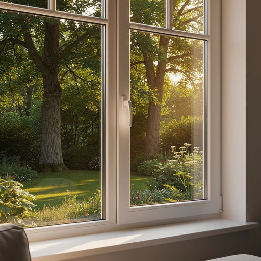 Uitzicht vanuit een woonkamer in Bilthoven door een groot kunststof raam op een groene tuin