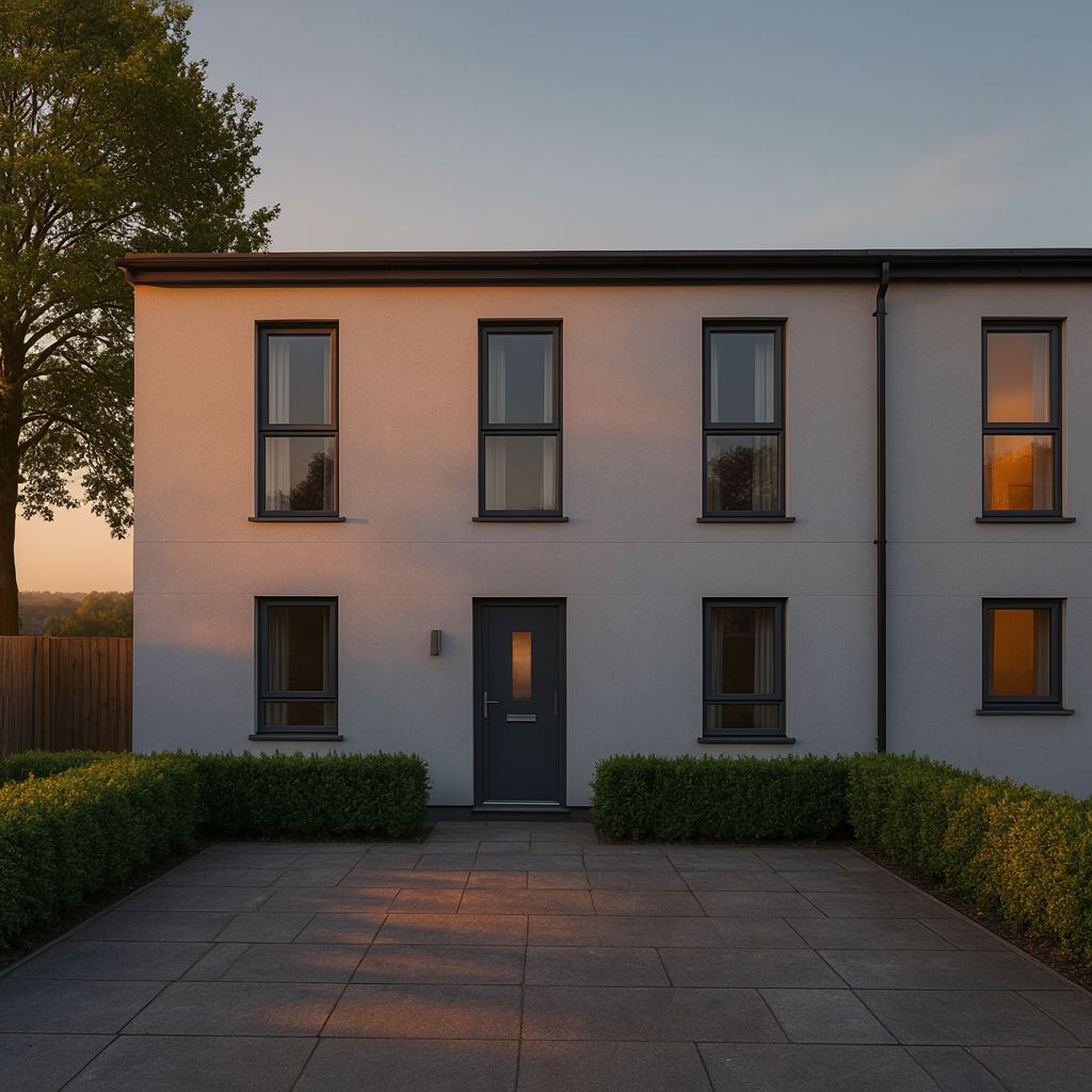 Moderne twee-onder-een-kap woning met antraciet kunststof kozijnen in een woonwijk bij Westbroek