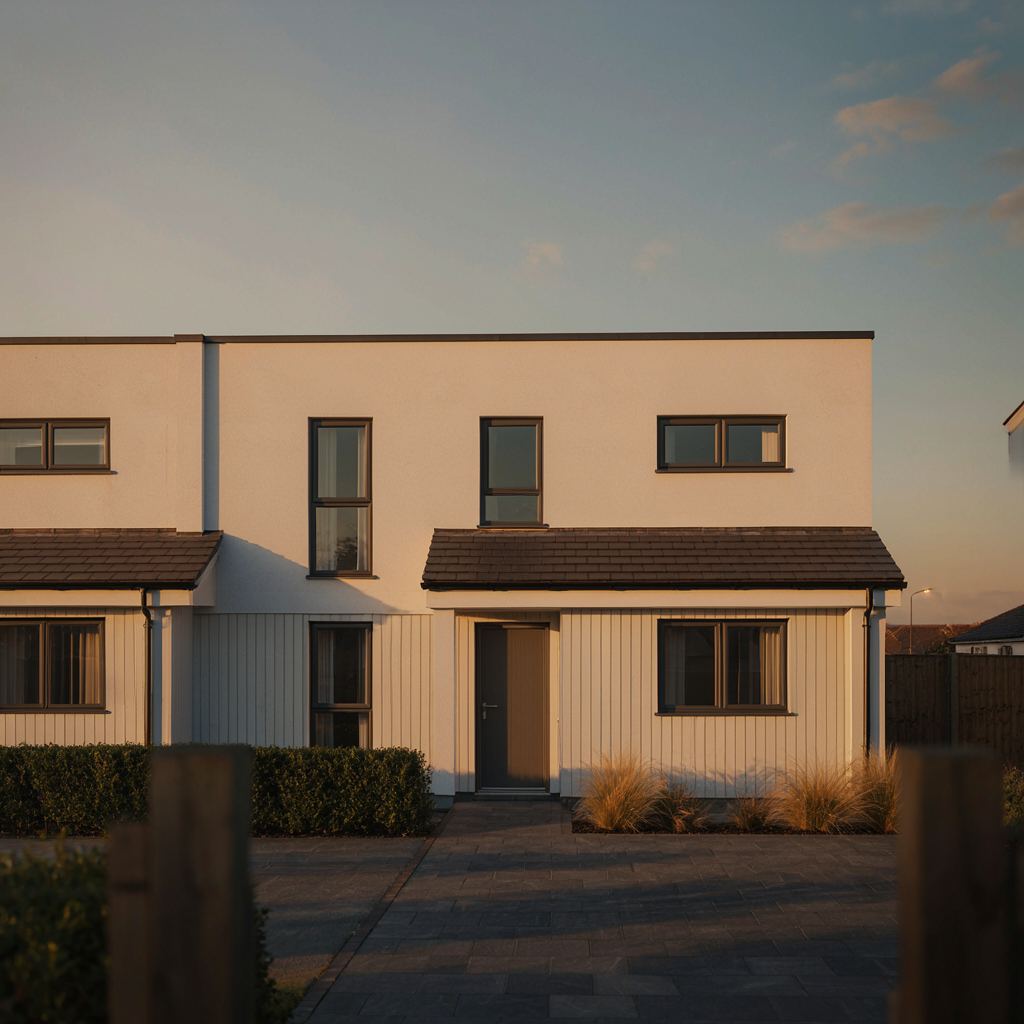 Moderne twee-onder-een-kap woning met antraciet kunststof kozijnen in een woonwijk bij Laren