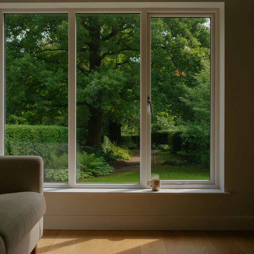 Uitzicht vanuit een woonkamer in Laren door een groot kunststof raam op een groene tuin