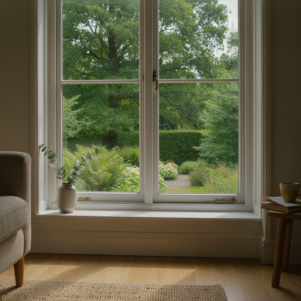 Interieurfoto vanuit een moderne woonkamer in Bunnik met uitzicht op de natuurlijke omgeving door een groot kunststof raam