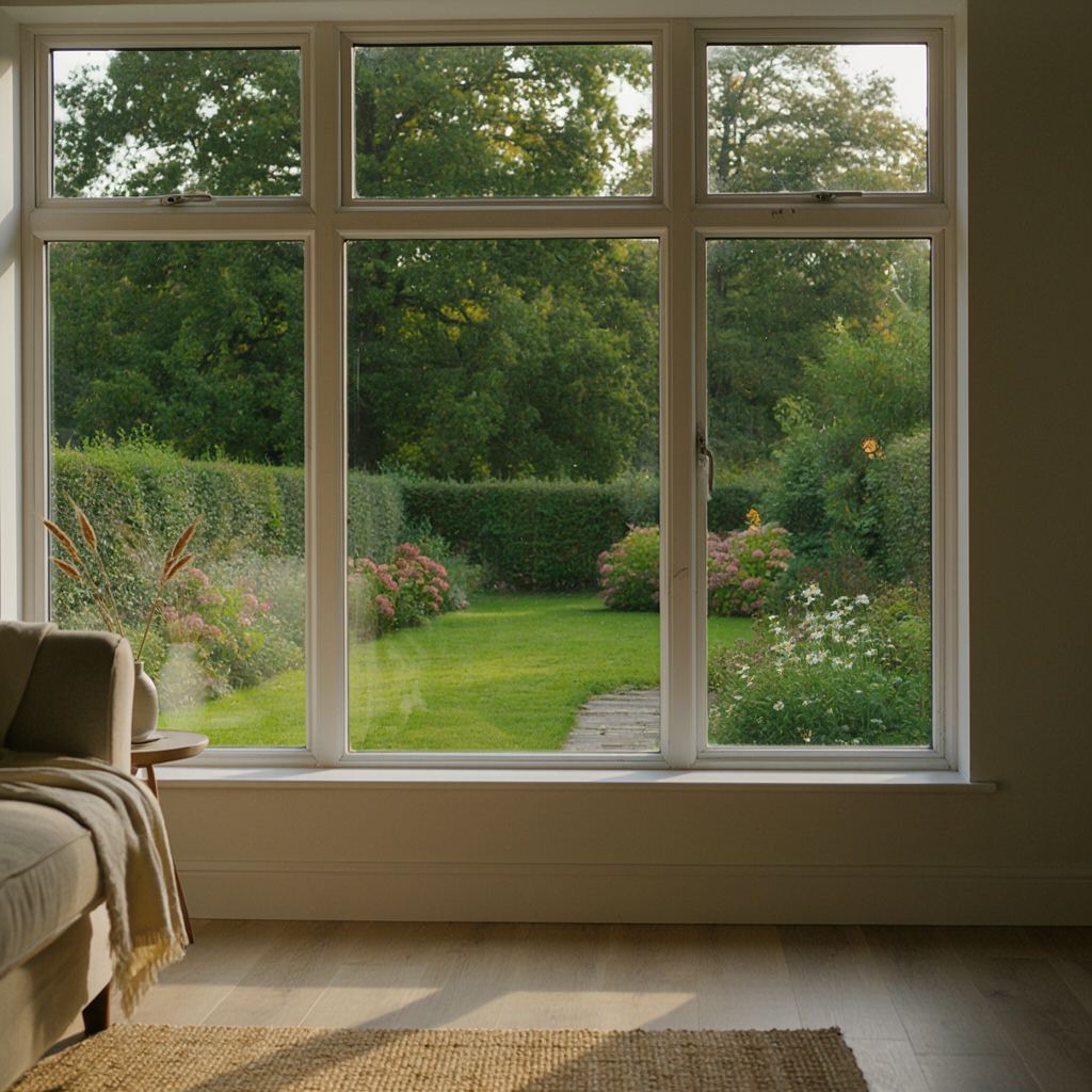 Uitzicht vanuit een woonkamer in Maartensdijk door een groot kunststof raam op een groene tuin