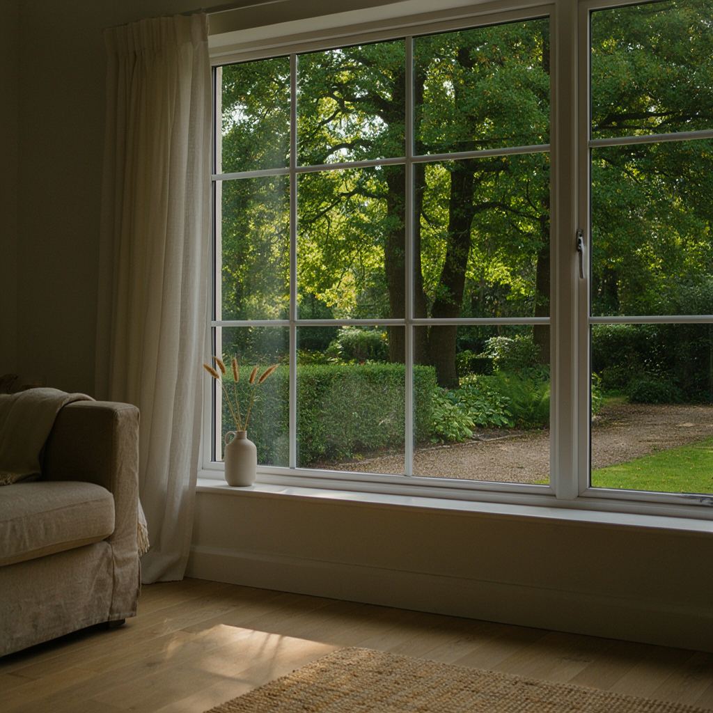 Lichte woonkamer in Blaricum met uitzicht door een groot kunststof kozijn op een zonnige tuin