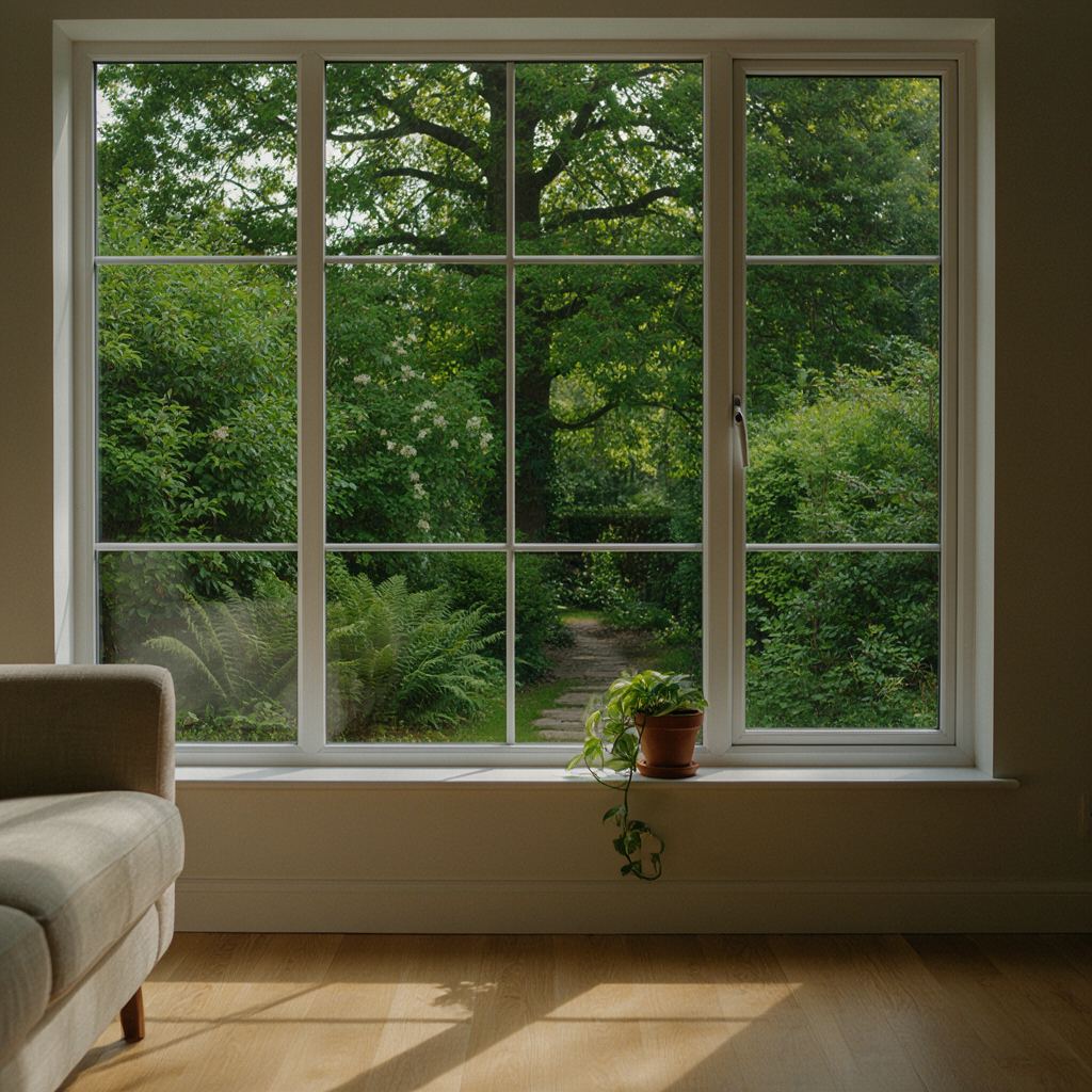 Uitzicht vanuit een woonkamer in Westbroek door een groot kunststof raam op een groene tuin
