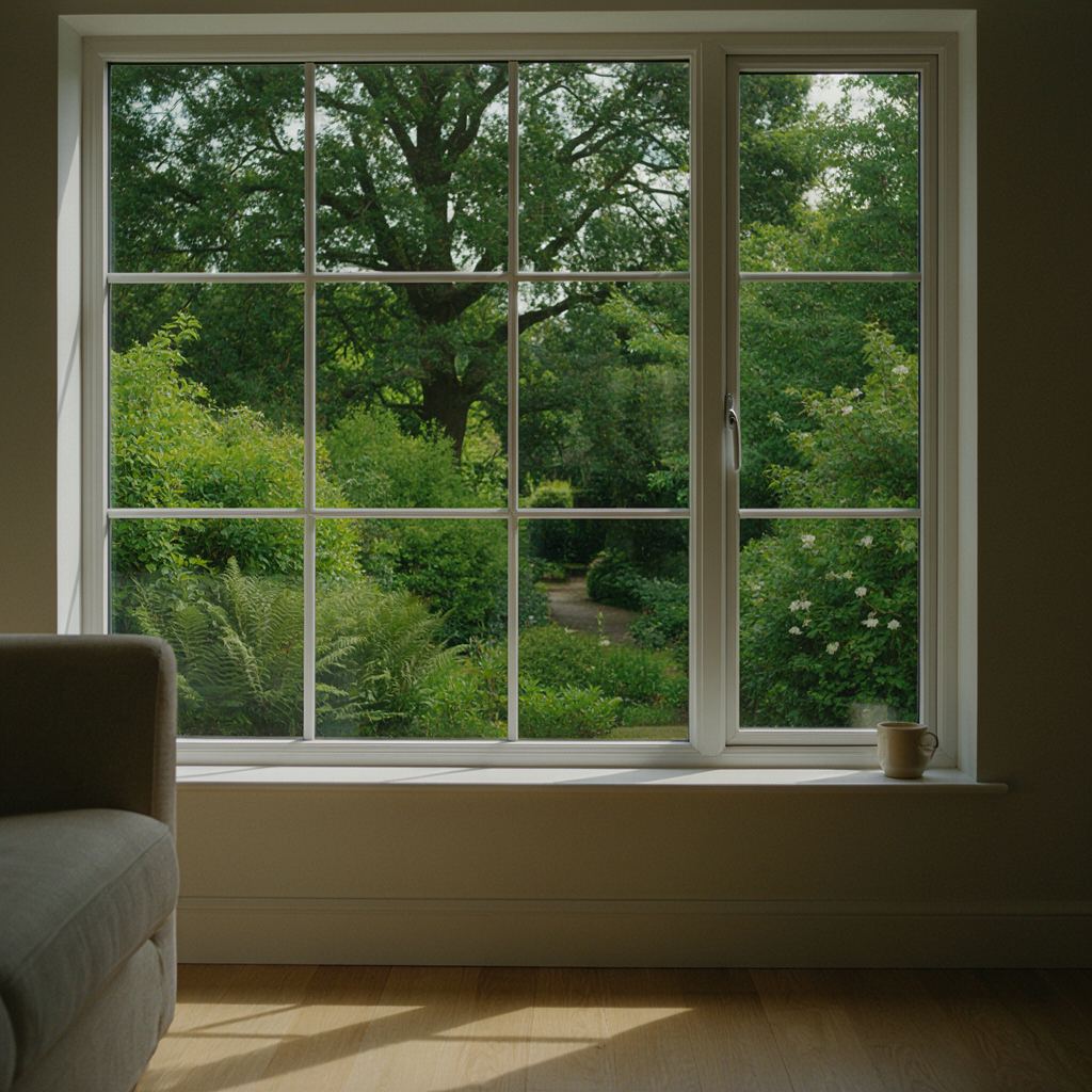 Uitzicht vanuit een woonkamer in Soest door een groot kunststof raam op een groene tuin