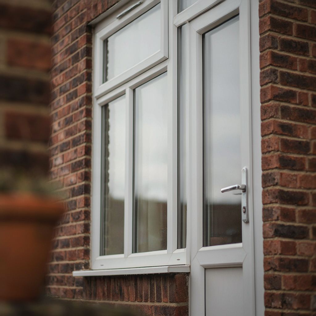 Detailopname van een wit kunststof profiel met driedubbel glas en metalen greep op een bakstenen muur