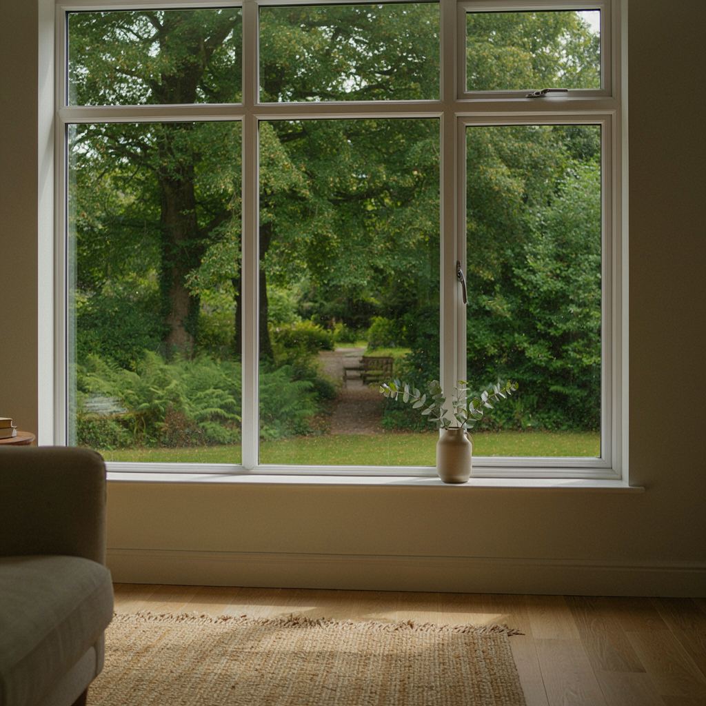 Licht interieur in Nieuwegein met uitzicht op een tuin door een groot kunststof raam