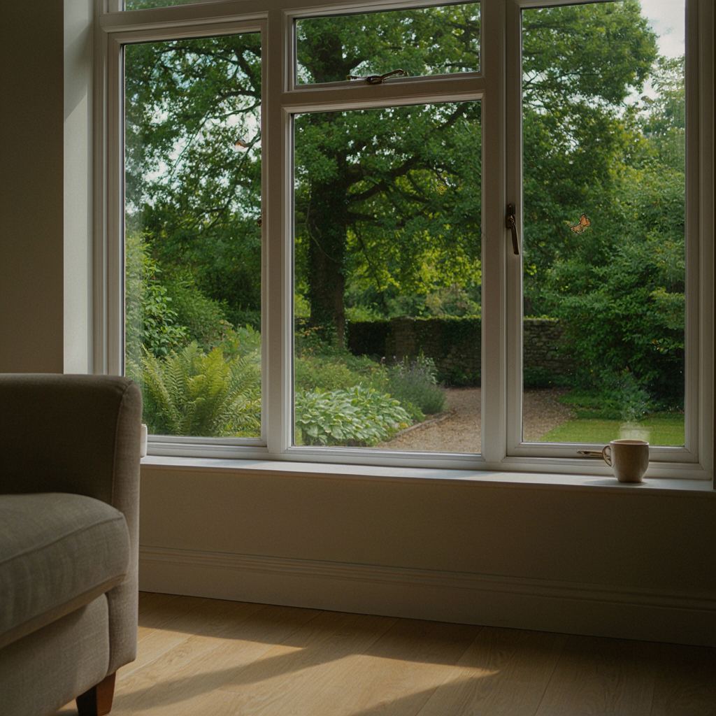 Licht interieur met uitzicht vanuit een huis in Breukelen door een breed kunststof venster op een terras aan het water