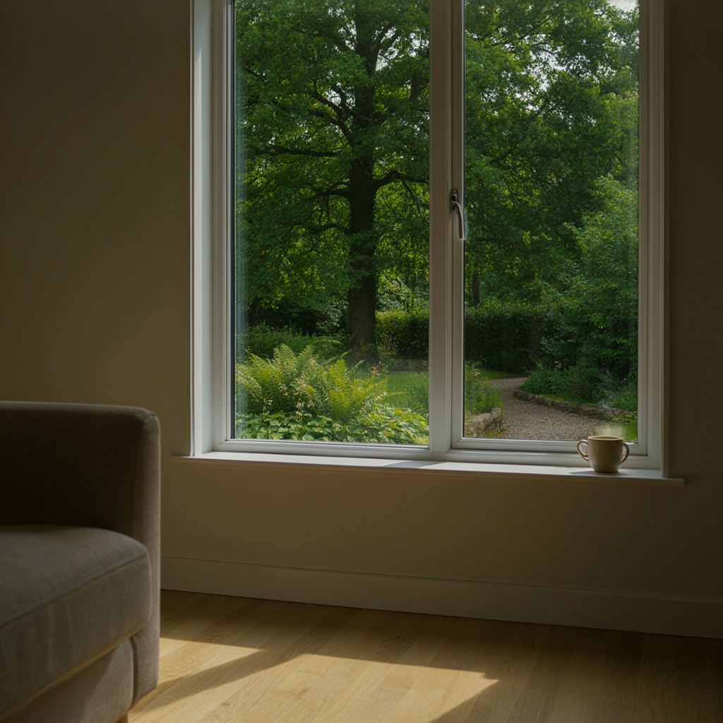 Lichte woonkamer in Houten met uitzicht op een binnentuin door een brede kunststof pui