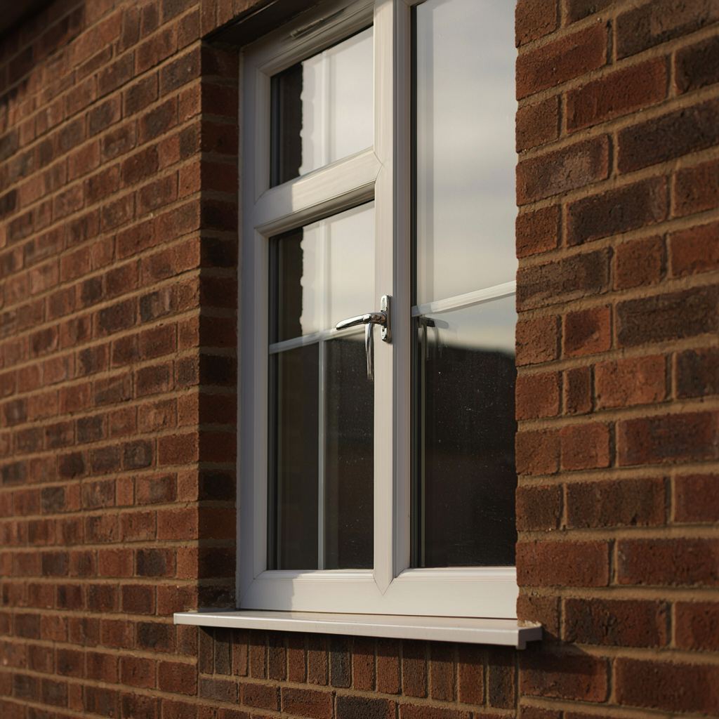 Detailopname van een wit kunststof kozijn voorzien van hoogrendementsglas en een moderne greep op een bakstenen gevel in Zeist