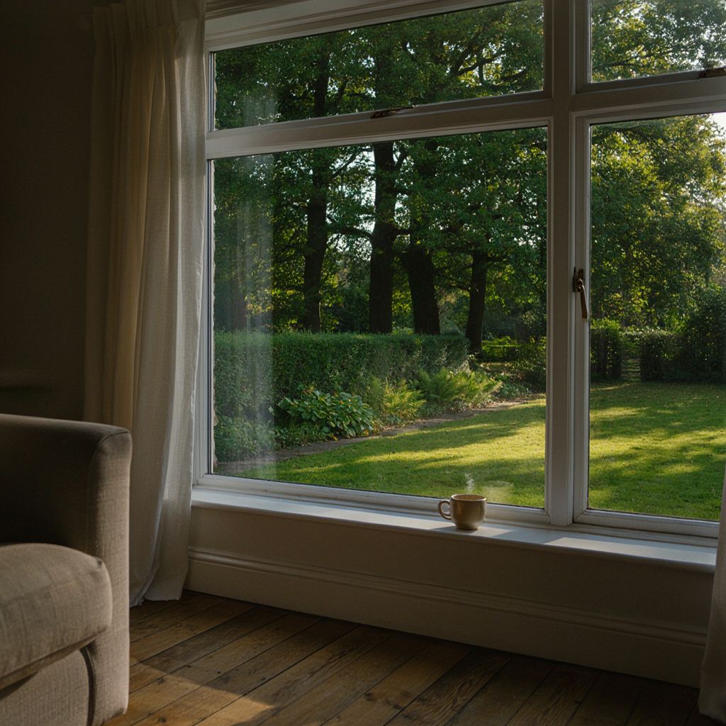 Uitzicht vanuit een woonkamer in Hollandsche Rading door een groot kunststof raam op een tuin