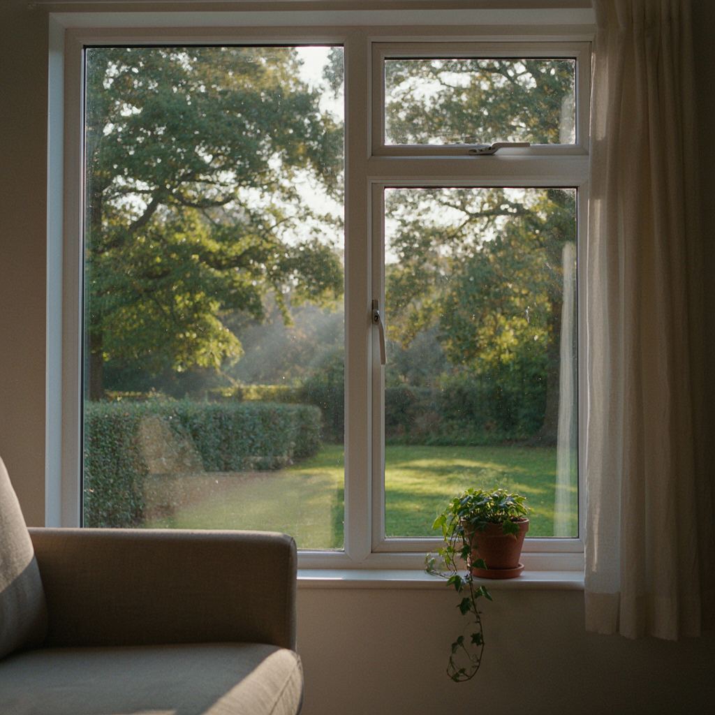 Uitzicht vanuit een lichte kamer in Groenekan via een groot kunststof raam naar een bosrijke achtertuin