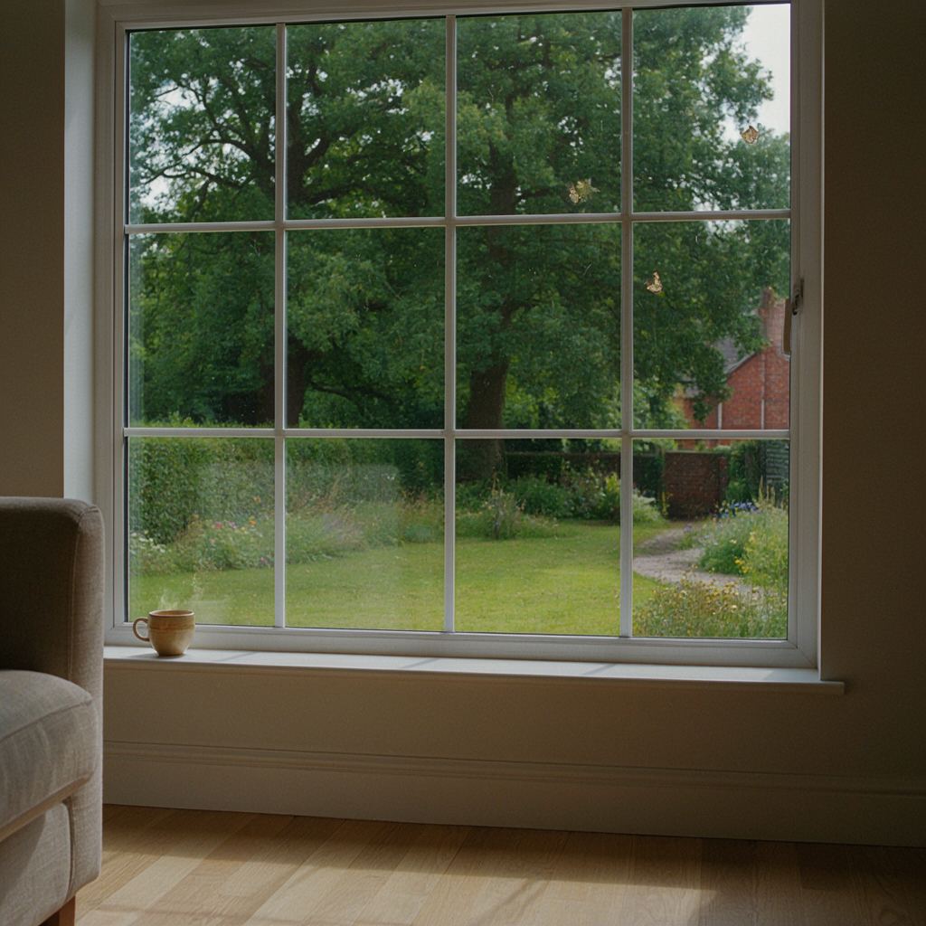 Licht interieur in Driebergen-Rijsenburg met uitzicht op een groene tuin door een groot kunststof raam