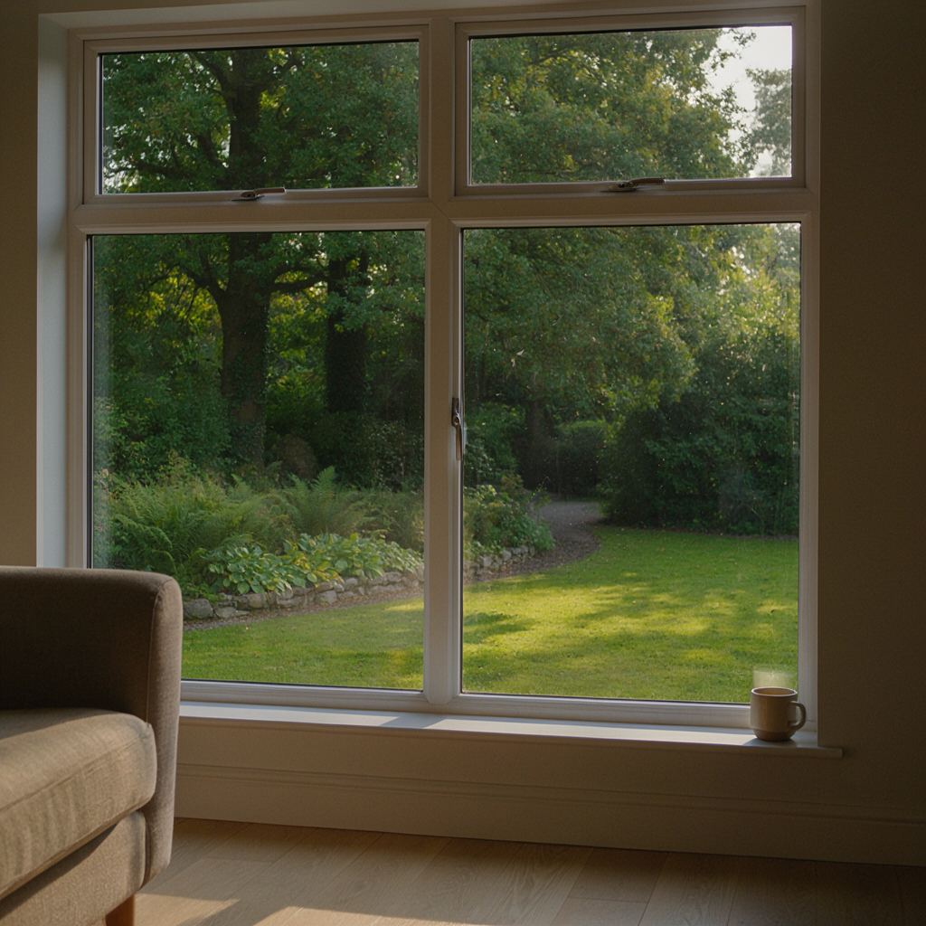 Woonkamer in Utrecht met een panoramisch kunststof raam dat uitzicht biedt op de singel