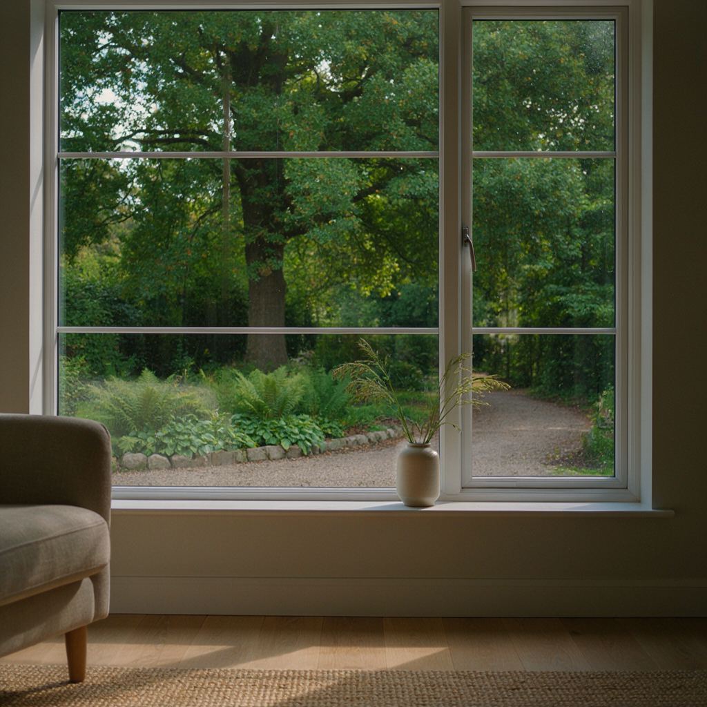 Uitzicht vanuit een woonkamer in Bilthoven door een groot kunststof raam op een groene tuin