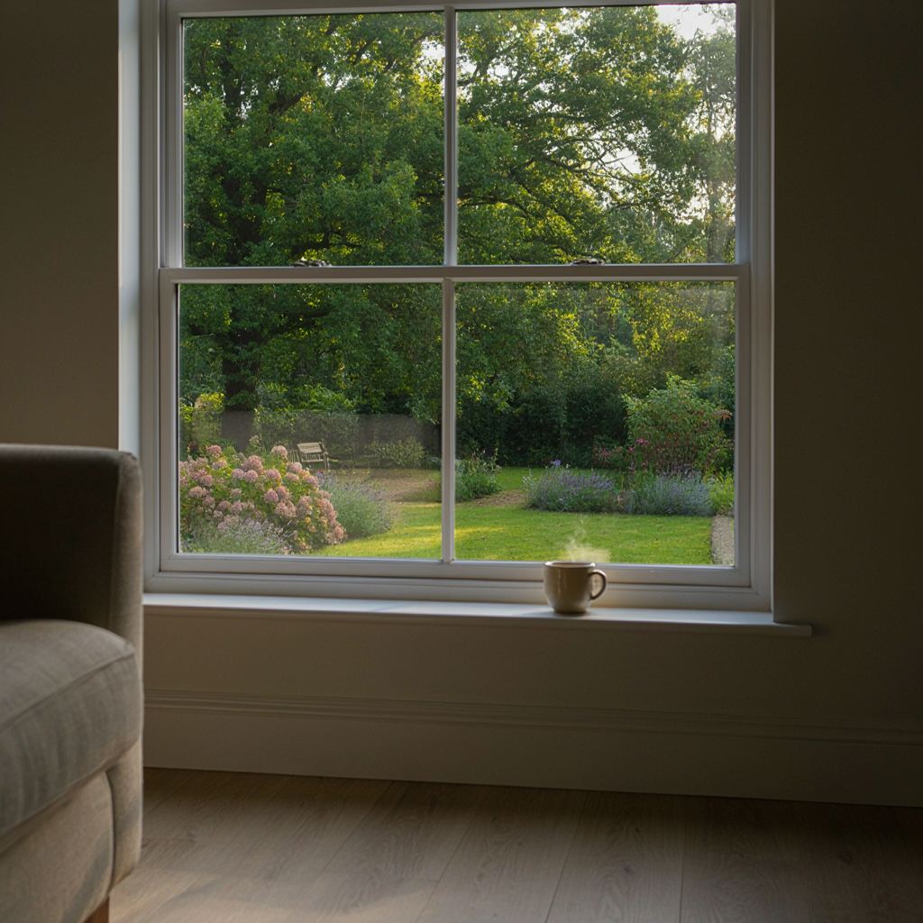 Zicht door een groot strak kunststof raam vanuit een woonkamer op een zonnige tuin in Amersfoort