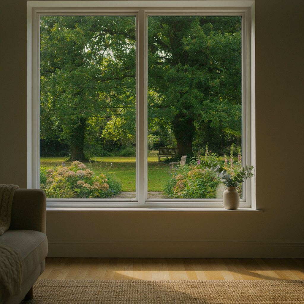 Ruim interieur van een Hilversums huis, door het enorme kunststof raam kijk je zo de diepe, groene tuin in
